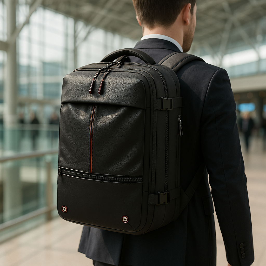 Sac de voyage sous vide ultra compact noir avec bretelles ergonomiques, design moderne et grande capacité, idéal pour le transport en avion ou en randonnée.